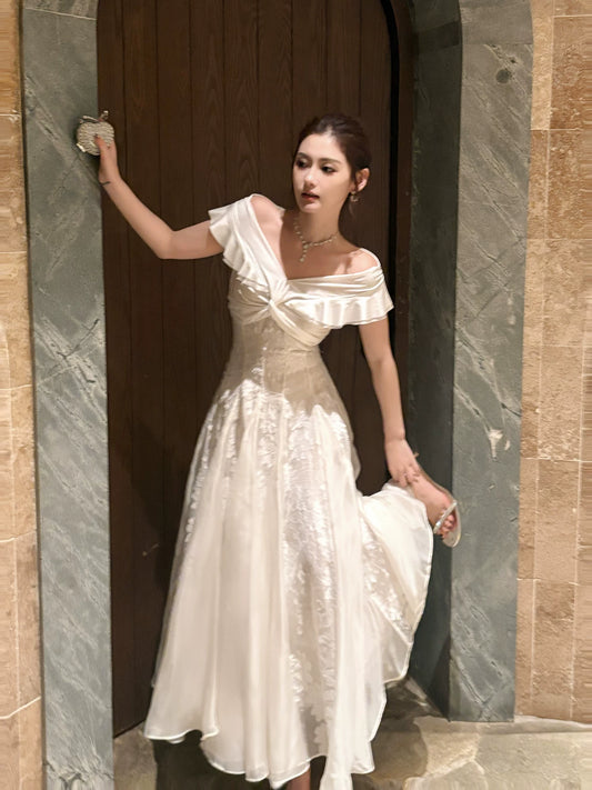 Simple A Line Off The Shoulder White Lace Mid Length Prom Dress Aesthetic Graduation Evening Outfits N086