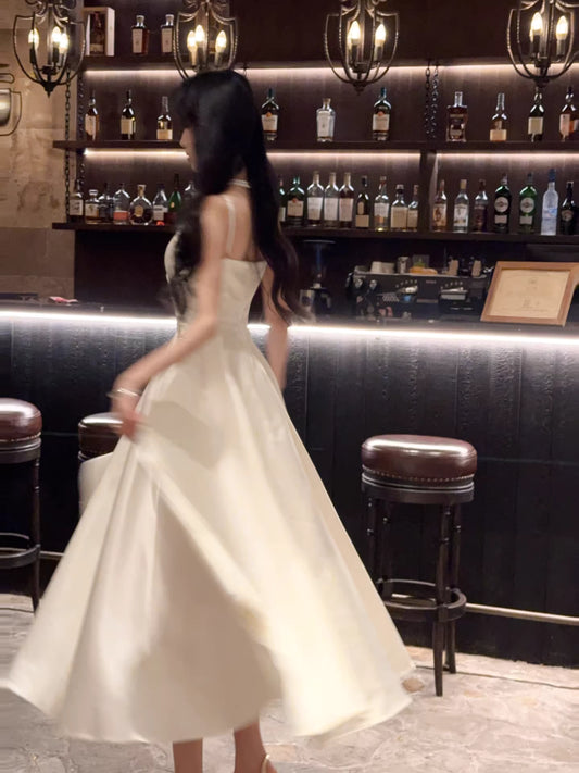 Modest A line Spaghetti Straps Ivory Satin Long Prom Dresses Wedding Guest Dress 20th Birthday Outfits AB2495