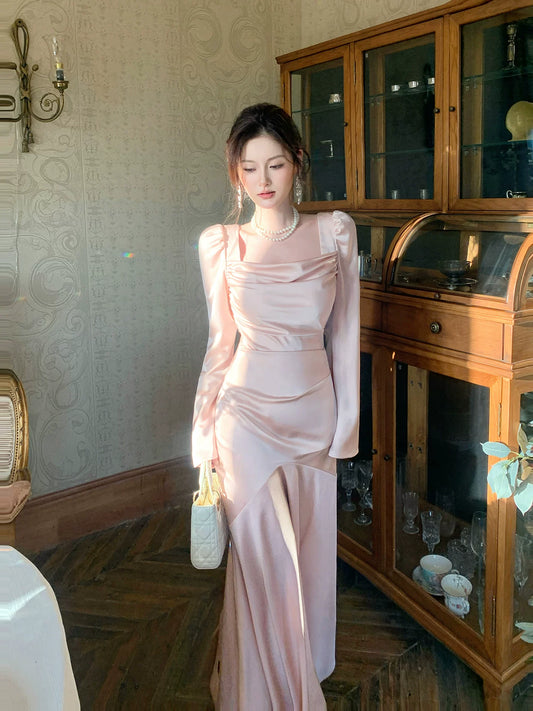 Modest Mermaid Square Neck Pink Satin Long Sleeves Prom Dresses Wedding Guest Dress 16th Birthday Outfits AB2446