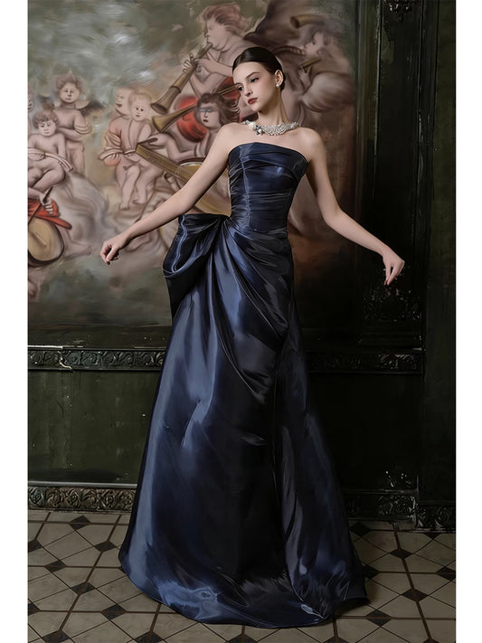 Simple Mermaid Navy Blue Strapless With Pleated Prom Dresses Inspiration Long Party Night Evening Gowns 19th Birthday Outfits AB2268