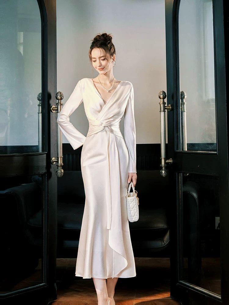 Sexy Mermaid V Neck Long Sleeves Ankle Length Prom Dresses Wedding Guest Dress 22th Birthday Outfits AB2511