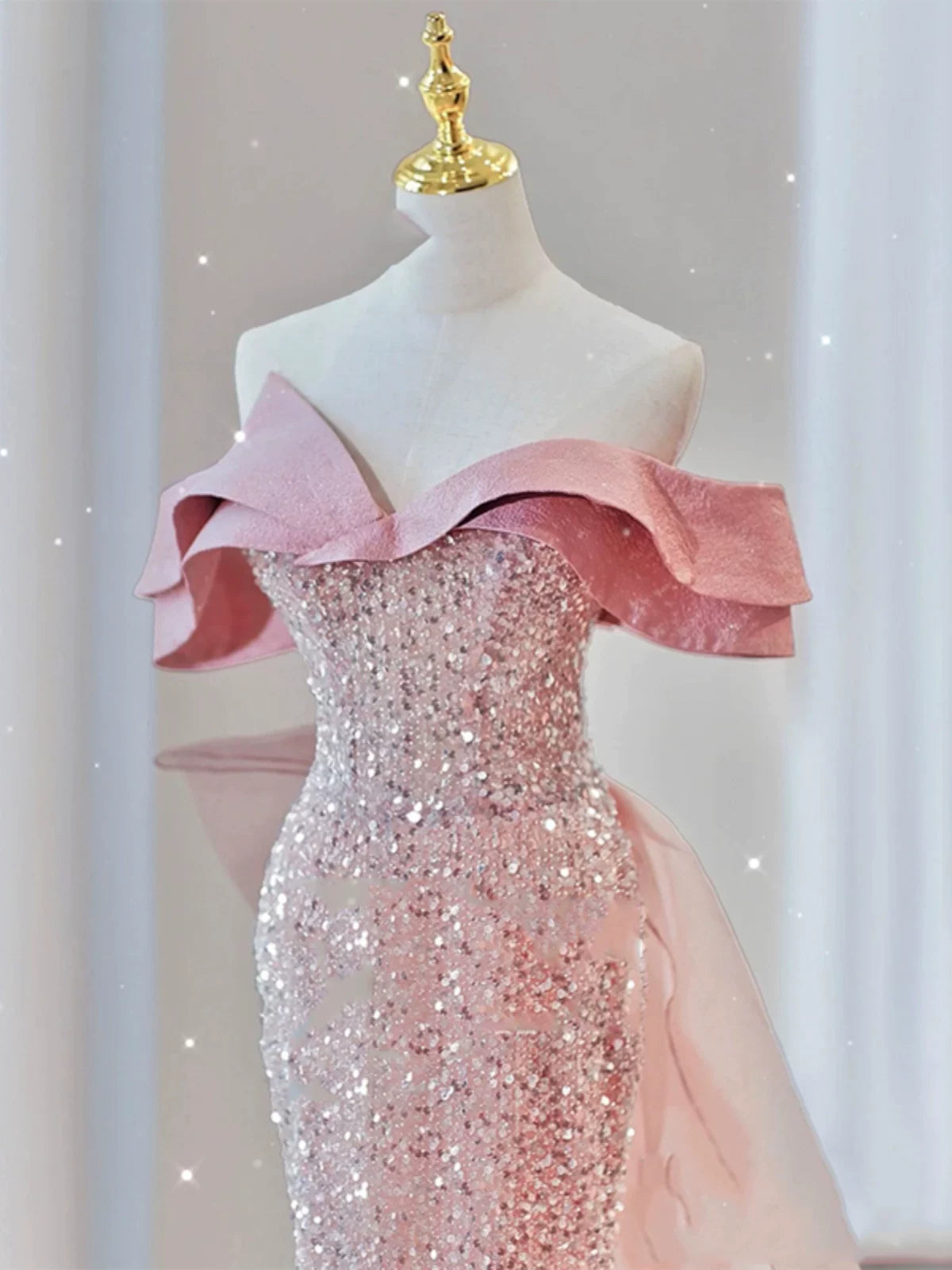 Glitzerndes Meerjungfrauen-Abendkleid, schulterfrei, rosa Pailletten, langes Ballkleid, Partykleid, Outfit für den 19. Geburtstag AB2324