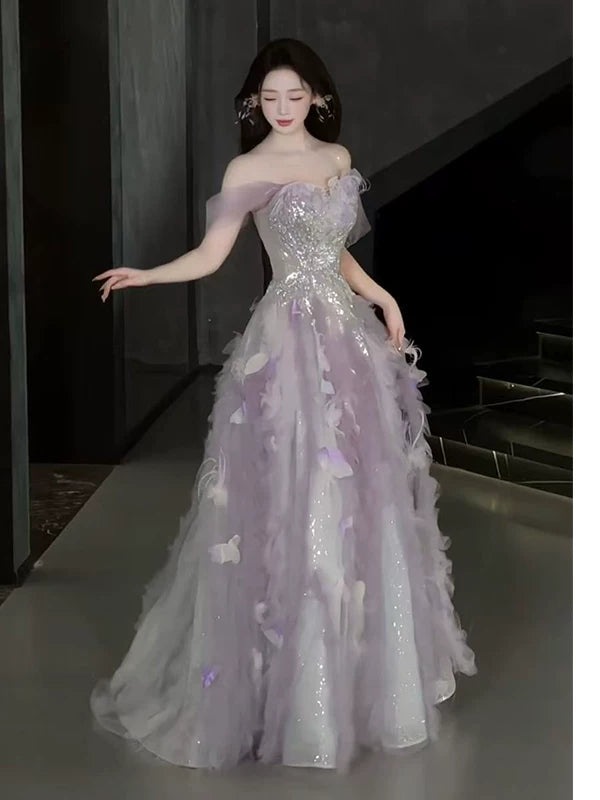 Süßes Ballkleid, schulterfrei, aus rosa Tüll, Inspiration für lange Party-Nachtkleider, Outfits zum 20. Geburtstag AB2238