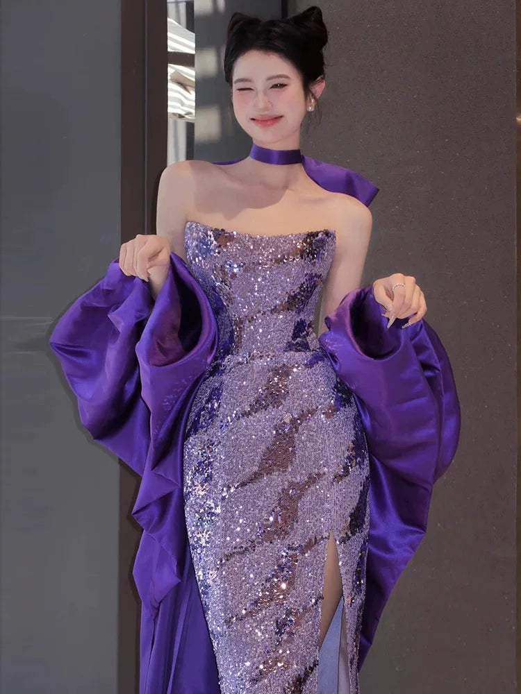Funkelndes, trägerloses Meerjungfrauen-Paillettenkleid in Lila – Inspiration für lange Party-Nachtkleider – Outfits zum 20. Geburtstag AB2258