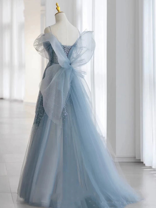 Modest Ball Gown Spaghetti Straps Dusty Blue Tulle Prom Dresses Inspiration Long Party Night Evening Dress 20th Birthday Outfits AB2332