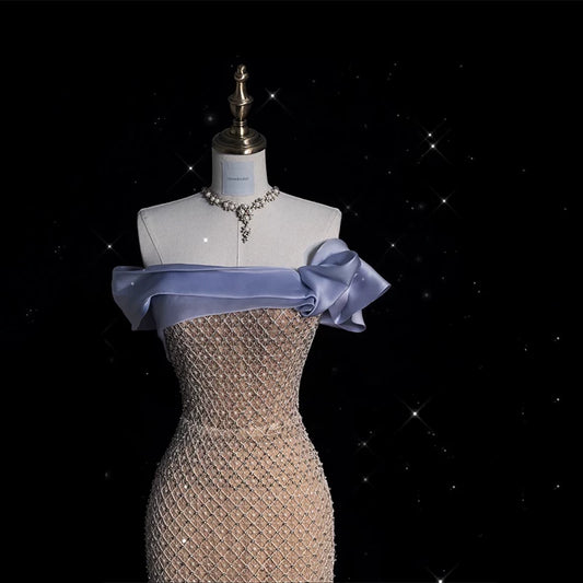 Robe de bal modeste, style sirène, épaules dénudées, inspiration champagne, manches courtes, robe de soirée longue AB2334
