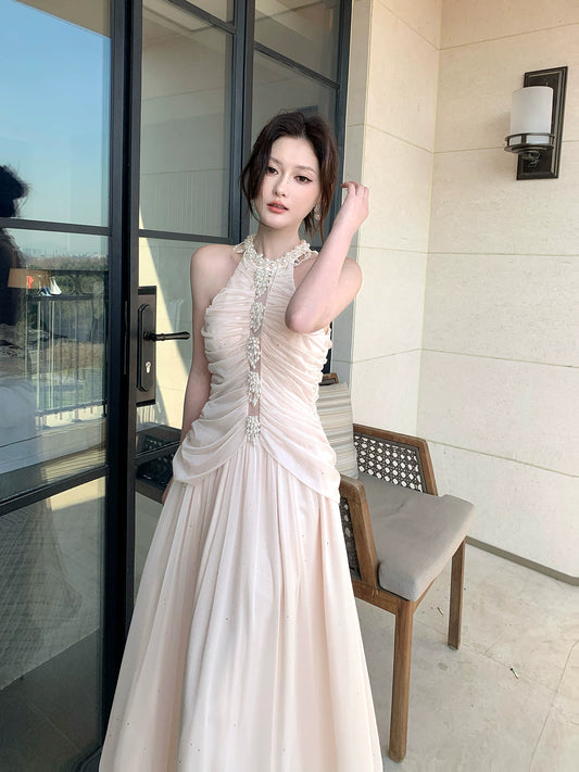Elegant Mermaid Halter Pink Chiffon With Pleated Sleeveless Long Prom Dresses 16th Nigh Party Birthday Outfits AB2438