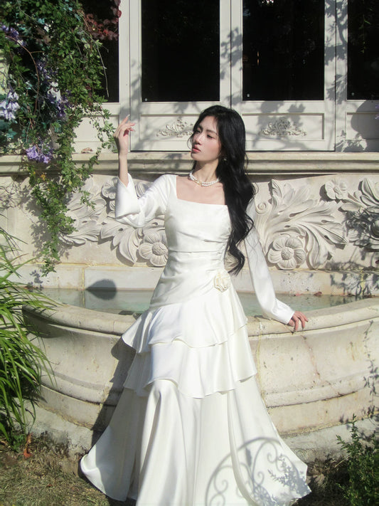 Modest Mermaid Square Neck Ivory Satin Long Sleeves Prom Dresses Wedding Guest Dress 16th Birthday Outfits AB2448