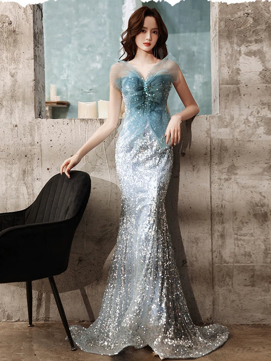 Robe de bal sirène bustier à sequins bleus, inspiration robe de soirée longue pour un 20e anniversaire AB2329