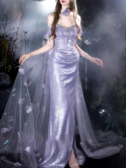 Elegantes, trägerloses, lilafarbenes Meerjungfrauen-Abendkleid mit Schlitz und Pailletten – Inspiration für lange Partys und Outfits zum 21. Geburtstag AB2288
