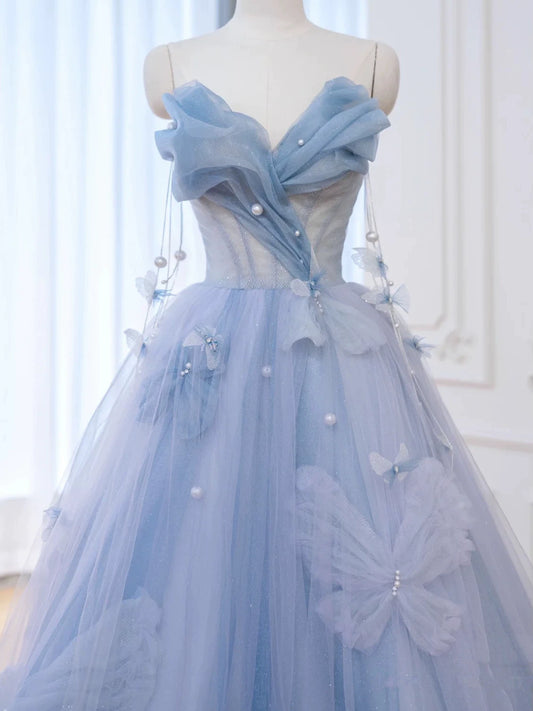 Elegant Ball Gown Sweetheart Blue Tulle Long Prom Dresses Formal Party Dress Prom Gown AB2318