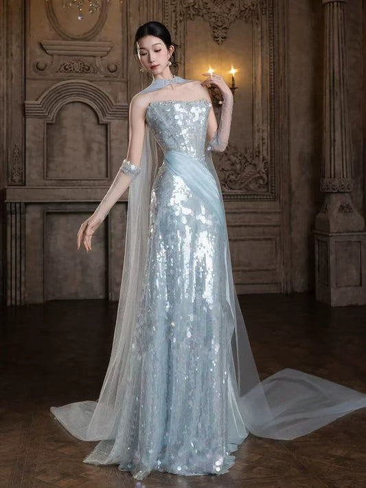 Robe de bal sirène sans bretelles à sequins bleu ciel clair, inspiration robe de soirée longue pour un 19e anniversaire AB2262