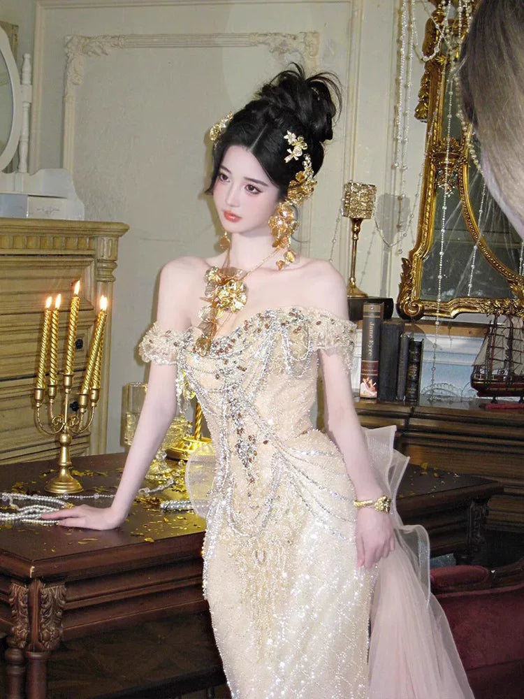 Sexy Meerjungfrauen-Abendkleid mit schulterfreiem, champagnerfarbenem Paillettenbesatz, langes Kleid, Partykleid, Outfit für den 16. Geburtstag, Abschlusskleid AB2243