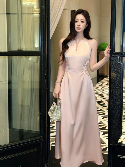 Sexy A line Scoop Neck Pink Satin Prom Dresses Wedding Guest Dress 20th Birthday Outfits AB2468