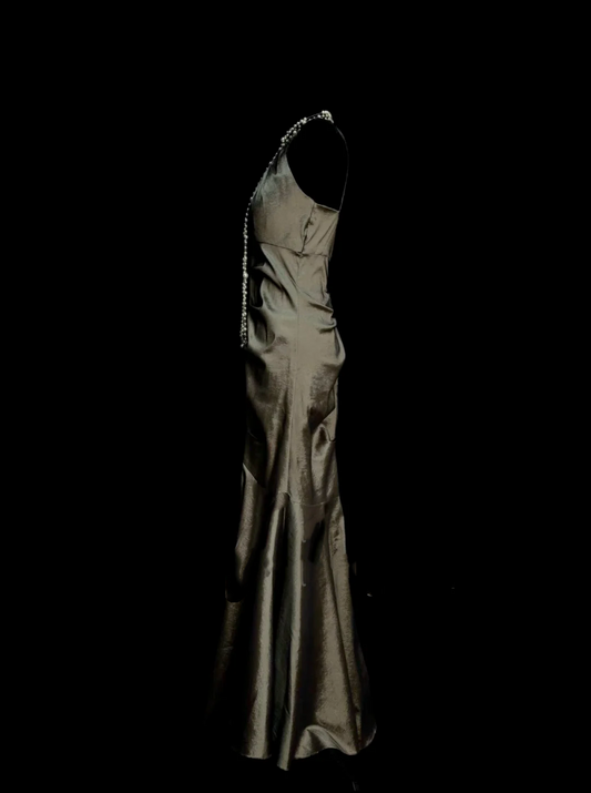 Simple Mermaid High Neck Green Satin Long Prom Dress Ideas With Pleated Formal Party Dress Inspo For Women OB013