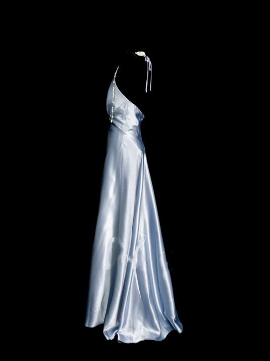 Simple Mermaid Halter Light Sky Blue Ruched Satin Long Prom Dress Ideas With Pleated Formal Party Dress Inspo For Women OB019