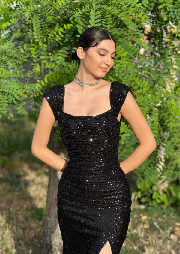 Robe de bal longue noire à paillettes et épaules dénudées, style sirène, tenue de soirée pour 18 ans, style lycée, RB1238