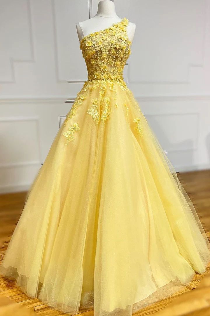 Robe de bal élégante, asymétrique épaule dénudée, dentelle, tulle, longue robe de bal jaune, tenue de soirée, tenue d'anniversaire, robe de bal RA030