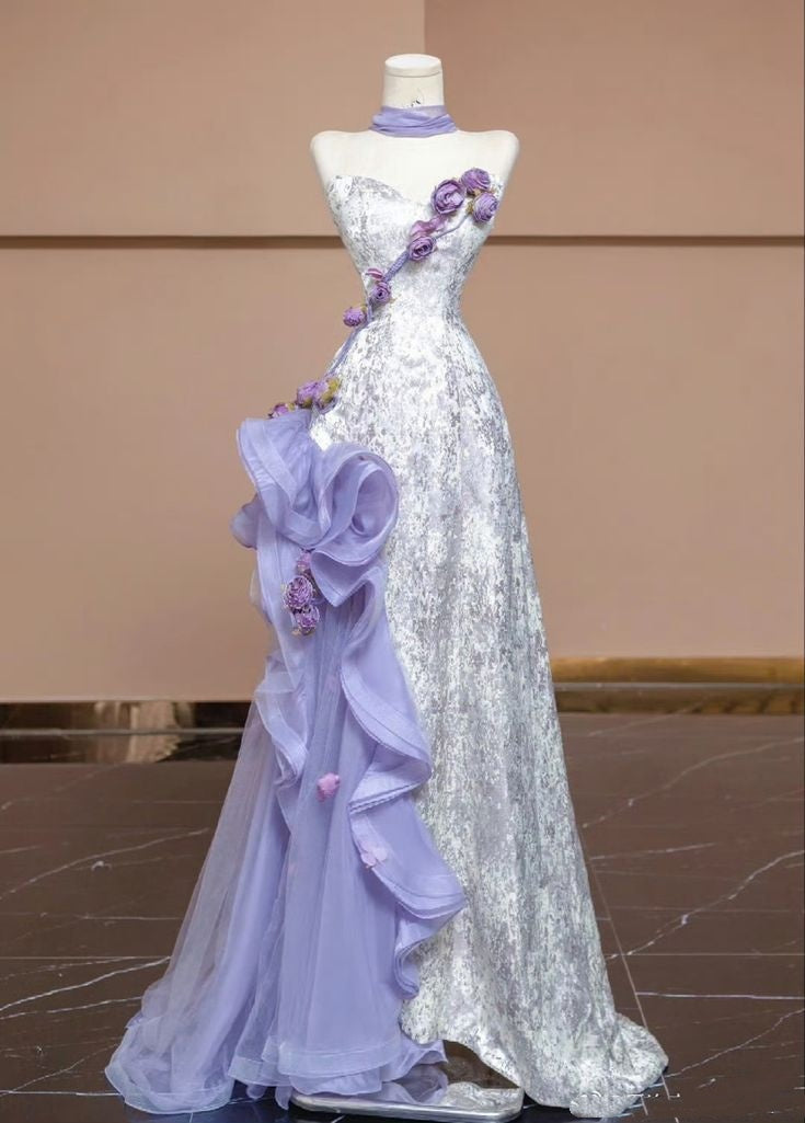 Robe de bal sirène modeste en tulle lilas à paillettes argentées, décolleté en cœur, longueur au sol, tenue de soirée, tenue d'anniversaire, RA037