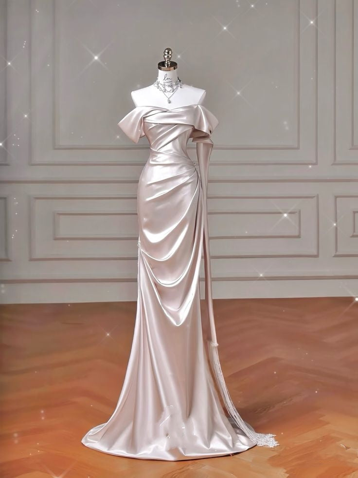 Robe de bal longue en satin rose clair plissé, style sirène, épaules dénudées, simple, RB1297
