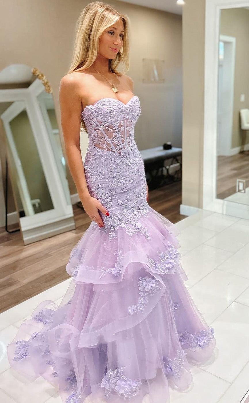 Robe de bal sirène modeste en tulle lilas avec décolleté en cœur et appliques, longueur au sol, tenue de soirée, tenue d'anniversaire, RA063