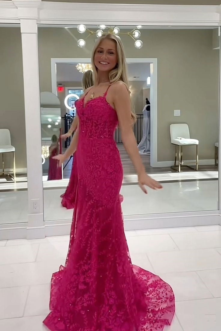 Modern Mermaid Spaghetti Straps Hot Pink Lace Prom Dresses Formal Dress 18th Birthday Outfits Prom Gown RA065