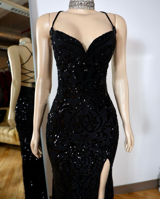 Robe de bal sirène sexy à bretelles spaghetti et paillettes noires, tenue de soirée pour 18 ans, RA074