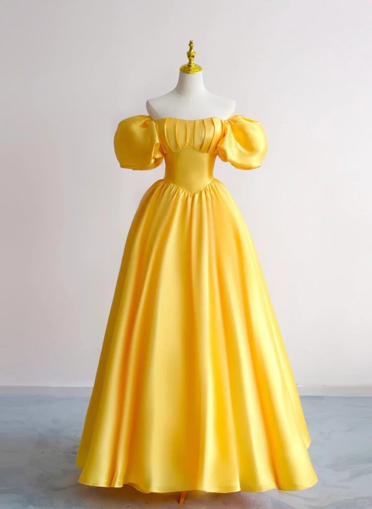 Robe de bal simple en satin jaune, coupe trapèze, épaules dénudées, tenue de soirée pour 18e anniversaire, RA087