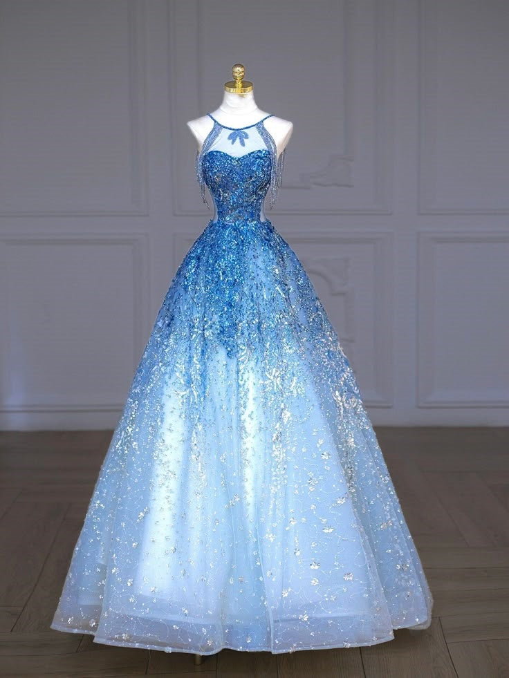 Robe de bal brillante en tulle bleu perlé, robe de bal esthétique pour seniors, tenues de soirée, robe de remise de diplôme, RA097