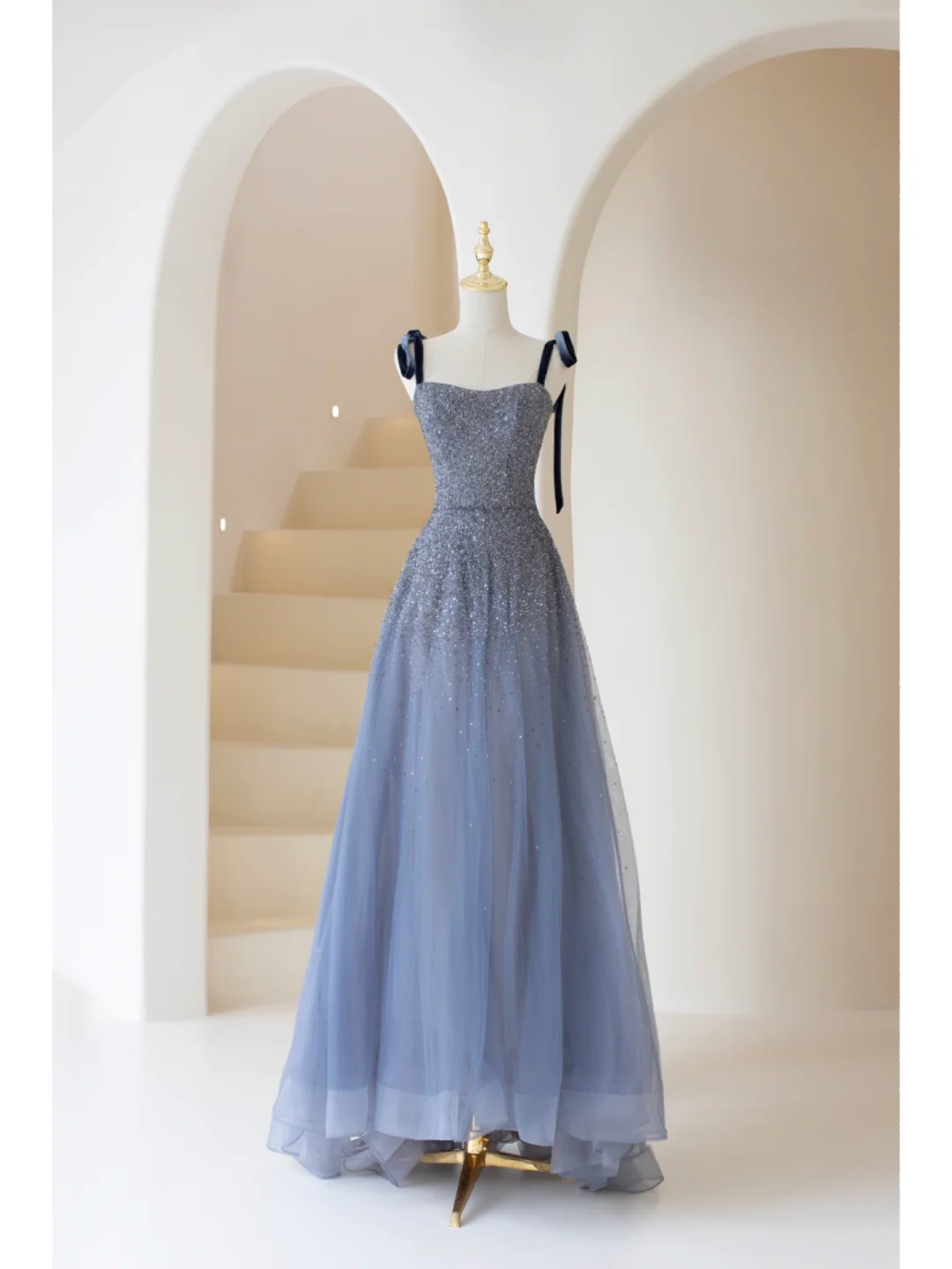 Timeless A line Spaghetti Straps Blue Silk Tulle Long Prom Dresses Inspiration Party Dress Prom Gowns RB002