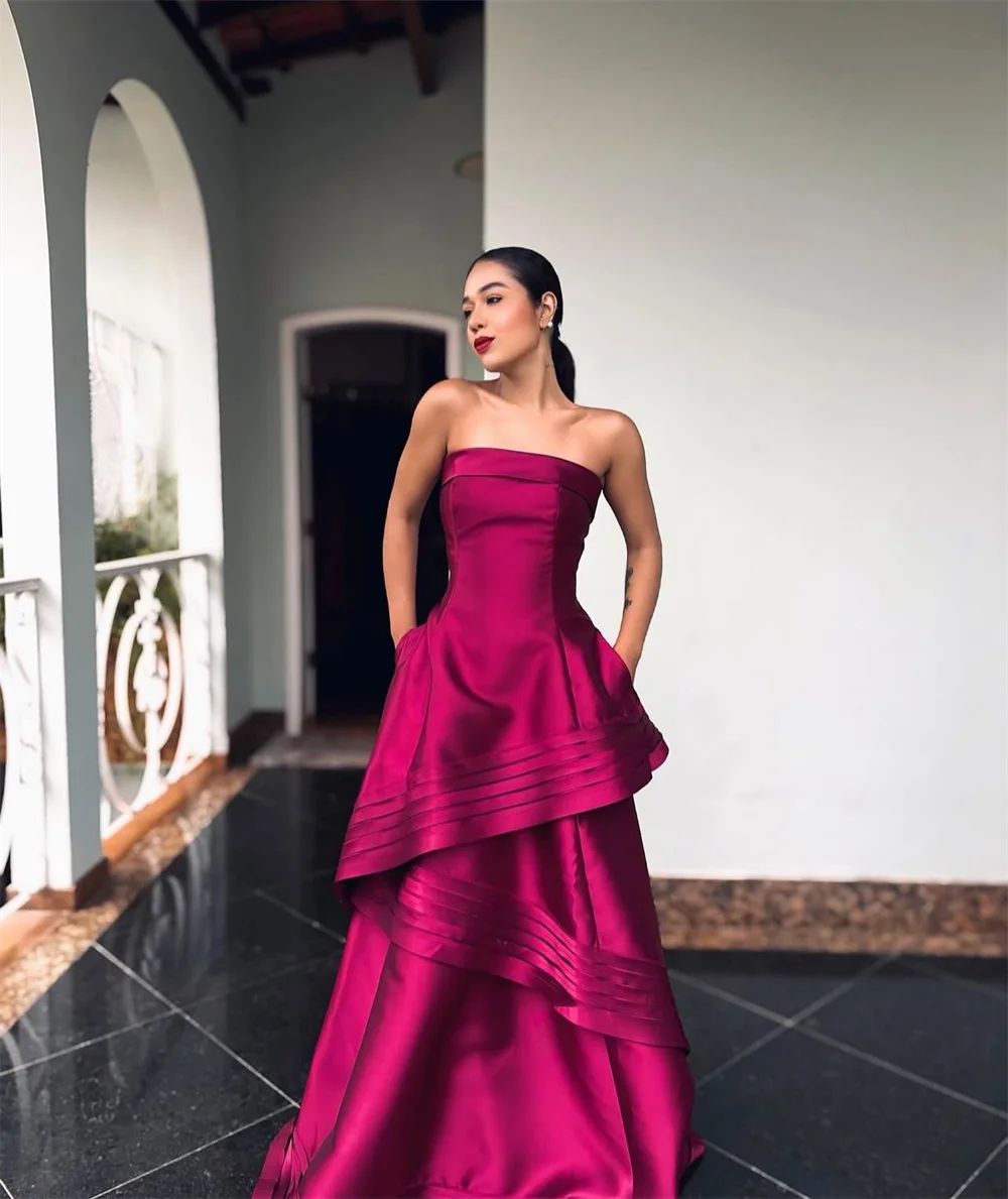 Ethereal Ballkleid Trägerlos Fuchsia Satin Ballkleider Langes Partykleid 18. Geburtstag Outfit Abschlusskleid RB1000