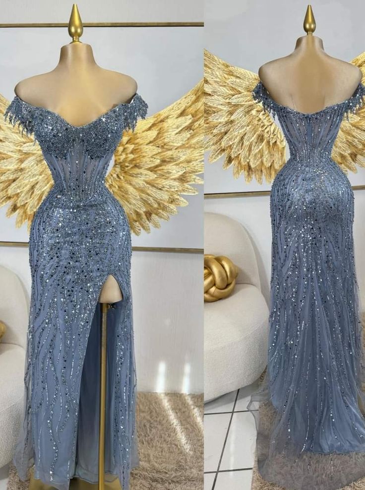 Robe de bal sirène unique à épaules dénudées et fente bleue, robe longue de soirée, tenue d'anniversaire, robe de remise de diplôme RB1013