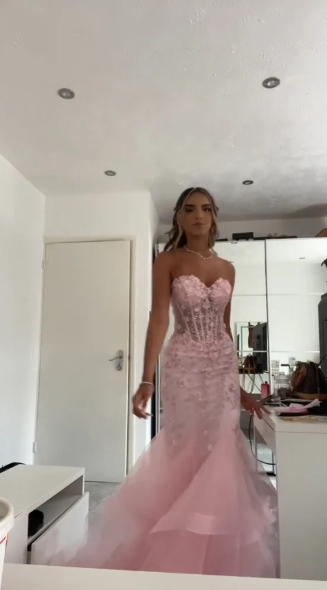 Cute Mermaid Sweetheart Pink Lace Prom Dresses Long Party Dress 18th Birthday Outfit Graduation Dress RB1024