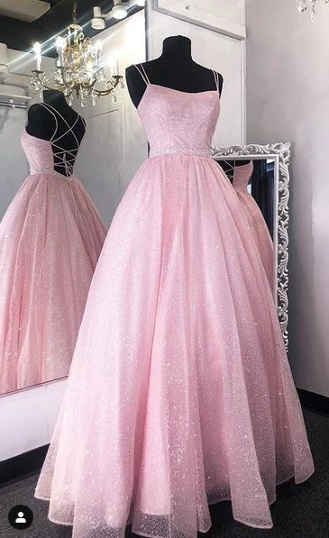 Edles Ballkleid mit Spaghettiträgern und rosa Pailletten, Ballkleider, langes Partykleid, Outfit zum 18. Geburtstag, Abschlusskleid RB1040