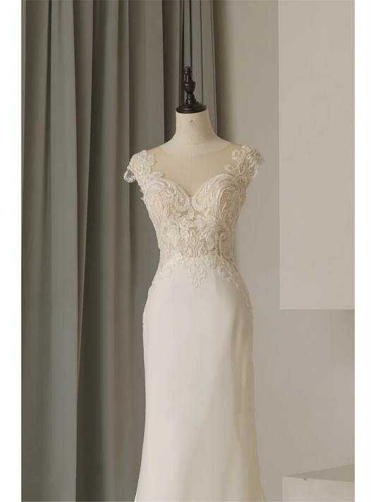 Modest Mermaid V Neck With Cap Sleeves White Lace Fitted Wedding Dress Styles Long Bridal Gown Wedding Gowns RB1077