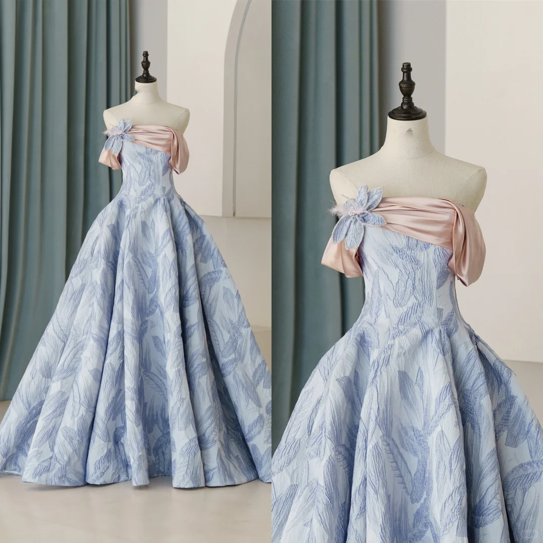 Robe de bal bustier en satin bleu plissé, style modeste et tendance, longue, style lycée, RB1084