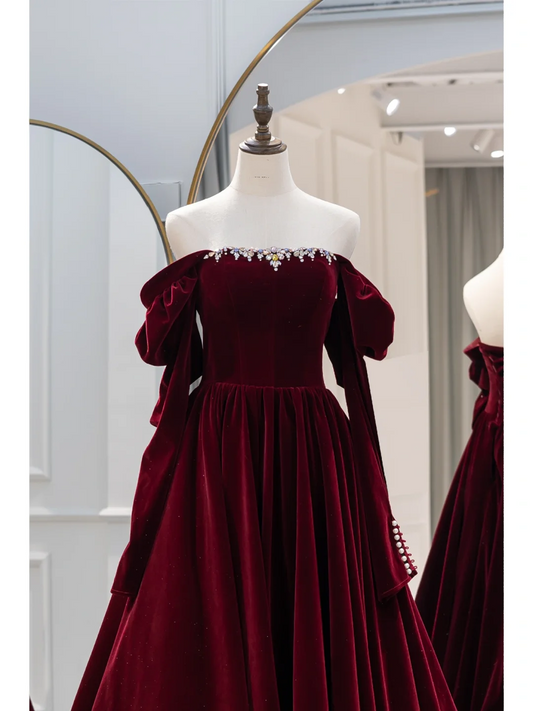 Modest Ball Gown Strapless Velvet Burgundy Prom Dresses Long Party Dress Birthday Outfit Teenagers Graduation Dress RB1088