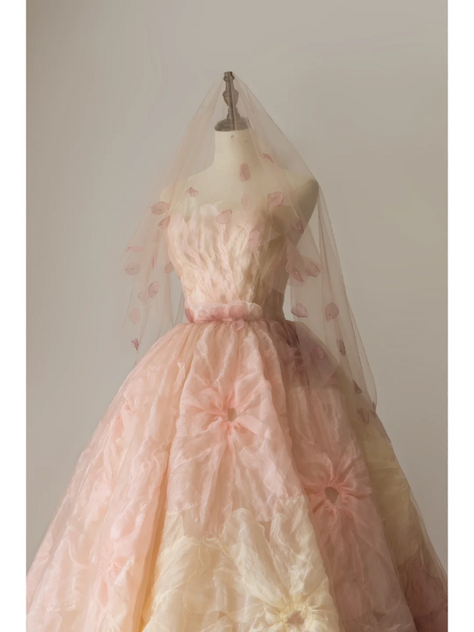 Cute Strapless Ball Gown Pink Floral Tulle Long Quinceanera Dress Birthday Dresses Sweet 15 16 Dress RB1089