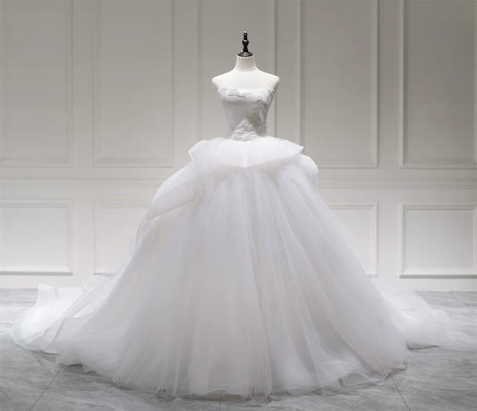 Elegant Modest Ball Gown Strapless Sleeveless White Lace Corset Wedding Dress Styles Long Bridal Gown Wedding Gowns RB1095