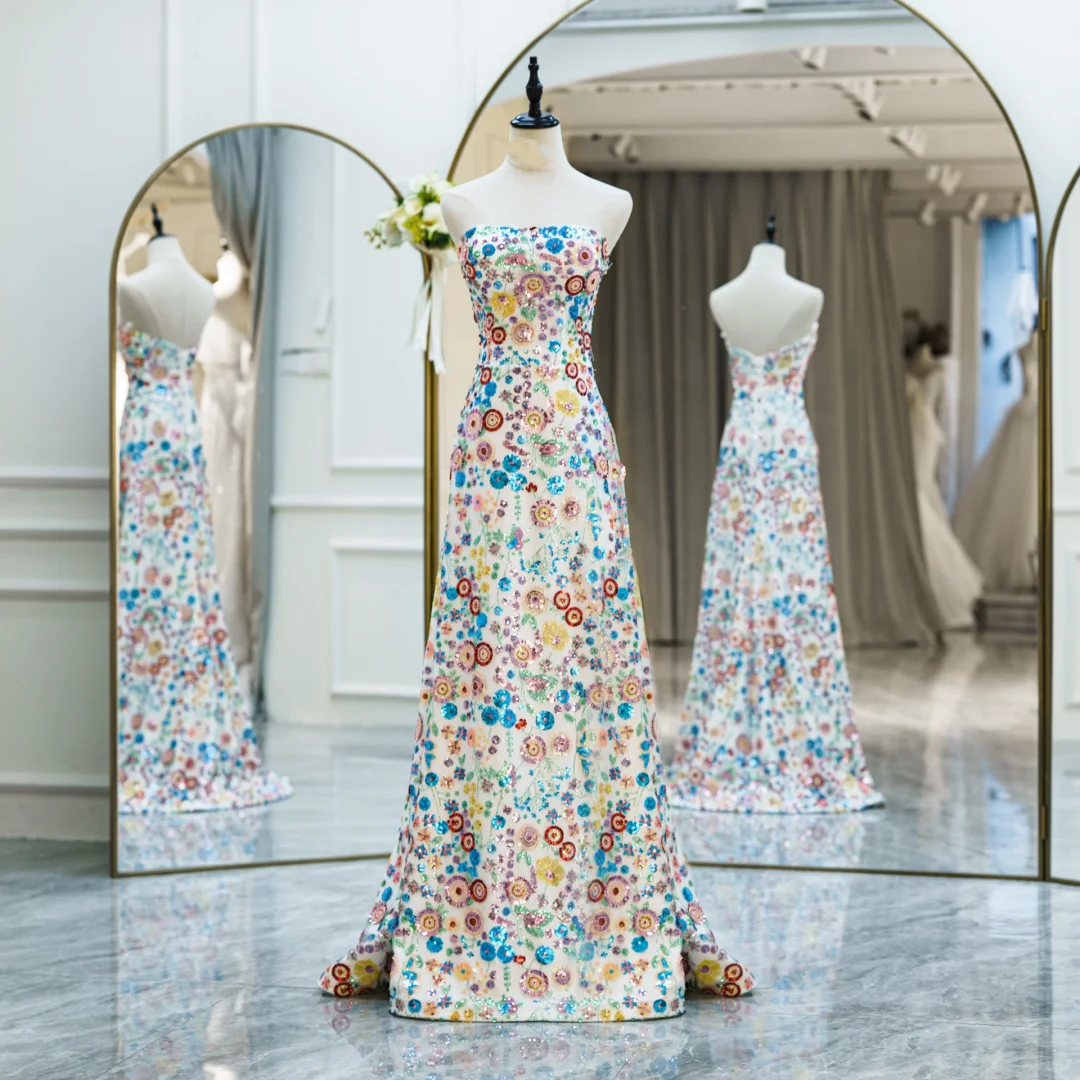 Robe de bal trapèze modeste sans bretelles à paillettes, robe longue de soirée pour 18e anniversaire, robe de remise de diplôme pour adolescentes RB1104