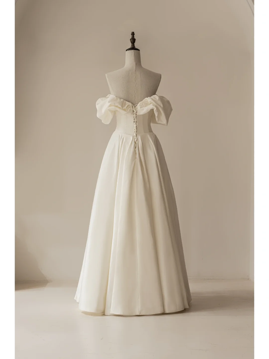 Elegant A line Off The Shoulder Short Sleeves Satin Corset Fitted Wedding Dress Styles Long Bridal Gown Wedding Gowns RB1111