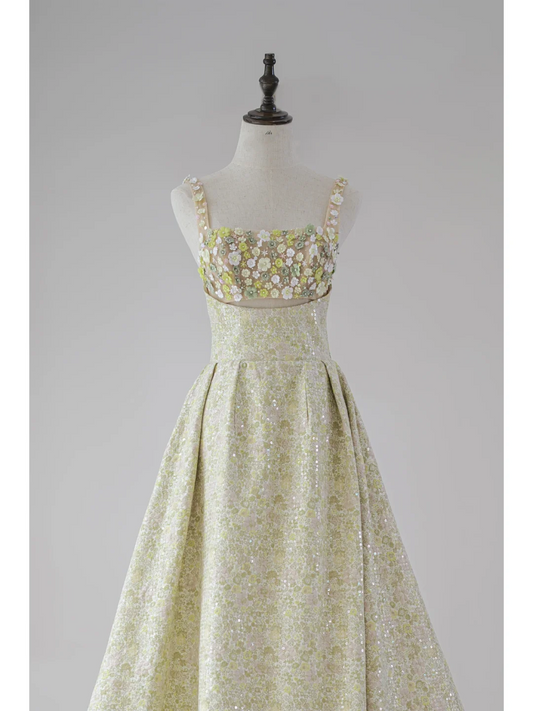 Cute Ball Gown Square Neck Yellow Sequin Flowers Prom Dresses Long Party Dress Birthday Outfit Teenagers Graduation Dress RB1121