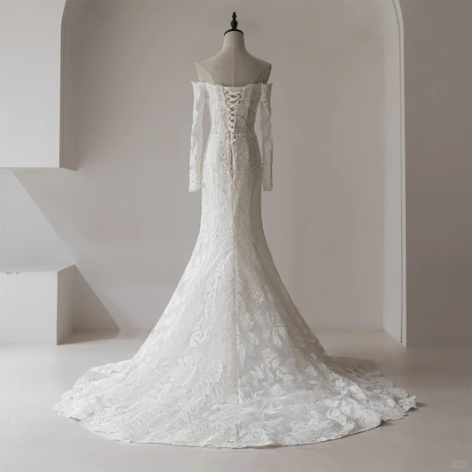 Modest Mermaid Off The Shoulder Long Sleeves Fitted Lace Corset Wedding Dress Long Bridal Gown Wedding Gowns RB1123