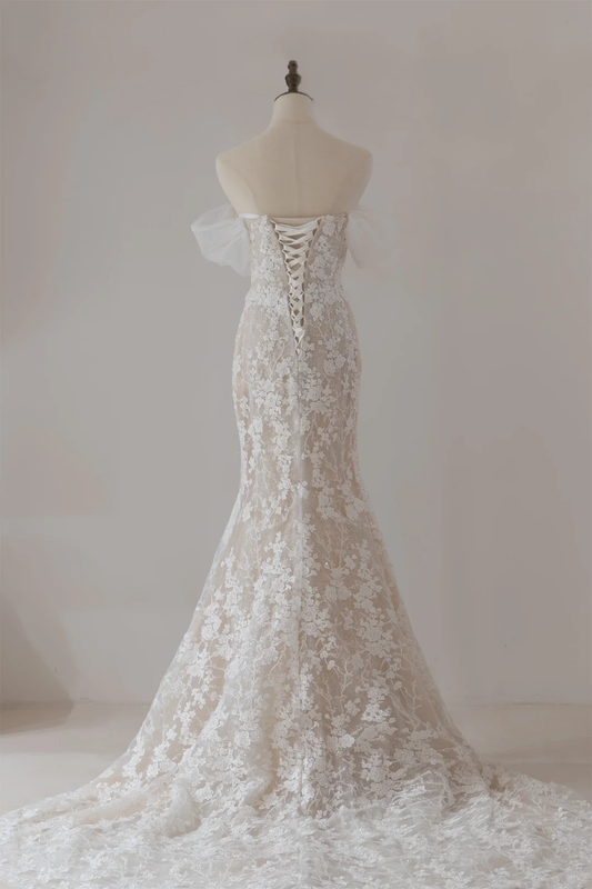 Modest Mermaid Off The Shoulder Short Sleeves Fitted Lace Corset Wedding Dress Long Bridal Gown Wedding Gowns RB1125