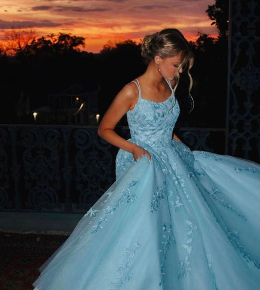 Modest Ball Gown Spaghetti Straps Blue Tulle Lace Prom Dresses Long Party Dress Birthday Outfit Teenagers Graduation Dress RB1146
