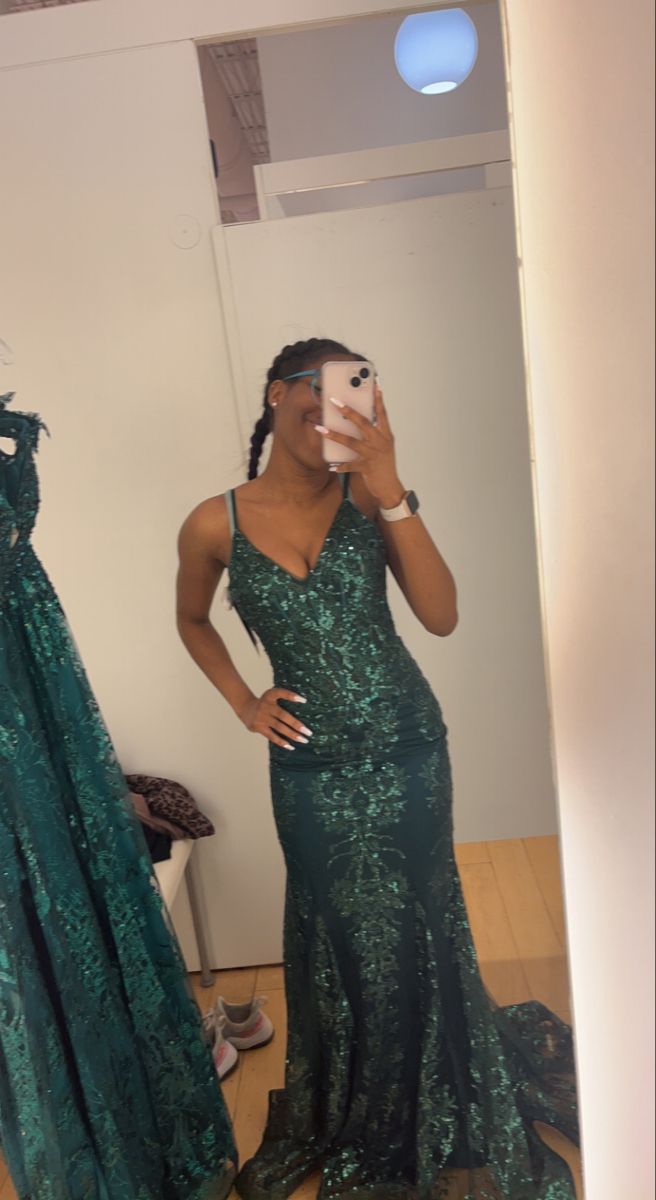 Robe de bal sirène à bretelles spaghetti et paillettes vertes, tenue longue pour anniversaire, soirée dansante au lycée, RB1161