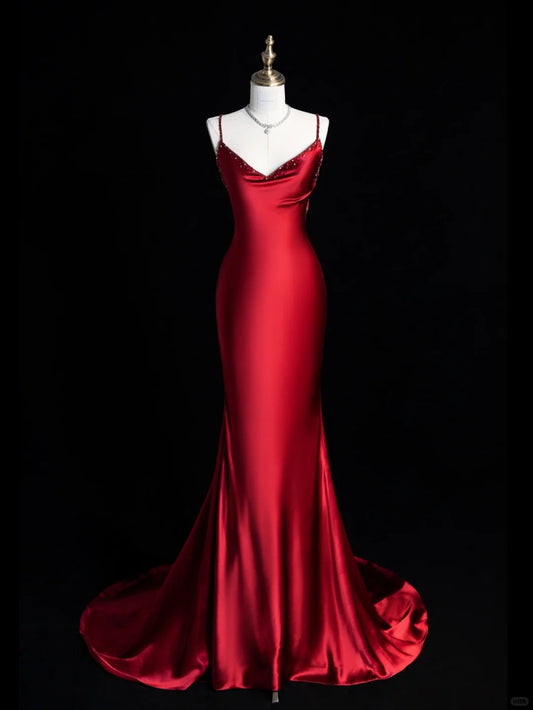Modest Trendy Mermaid Spaghetti Straps Burgundy Satin Backless Prom Dresses Style Long Senior High School Dance Party Dress RB1163