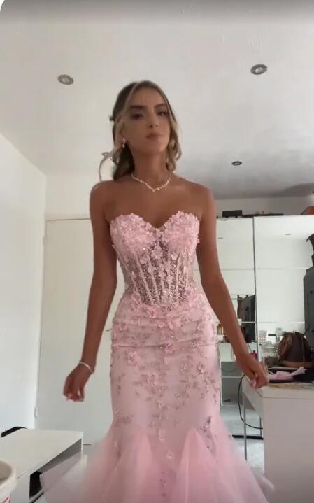 Robe de bal sirène en dentelle rose, décolleté en cœur, style modeste et tendance, en tulle, tenue longue pour anniversaire, soirée dansante au lycée, RB1170