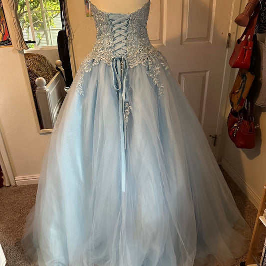 Unique Ball Gown Sweetheart Light Sky Blue Long Prom Dresses Reveal Inspiration Party Dress Birthday Outfit Graduation Dress RB1184