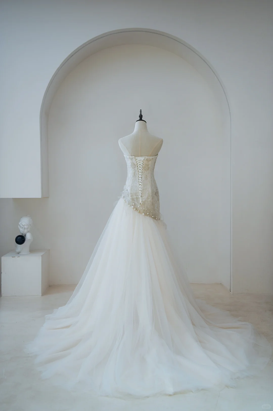 Elegant Modest Mermaid Sweetheart Lace Pleated Wedding Dress Styles Long Bridal Gown Wedding Gowns RB1188